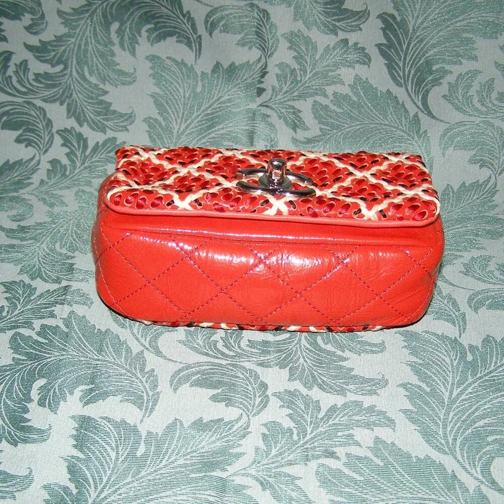 RARE Chanel Red Mini Patent Leather Woven Stitch Tweed Flap Bag